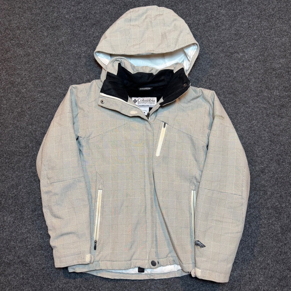 Columbia Titanium Womens Small Tan Plaid Ski Jacket Waterproof Winter Coat
